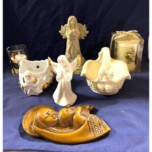 7 Christmas & Religious Figurines Candleholders Angels Santa Basket Bells Holida